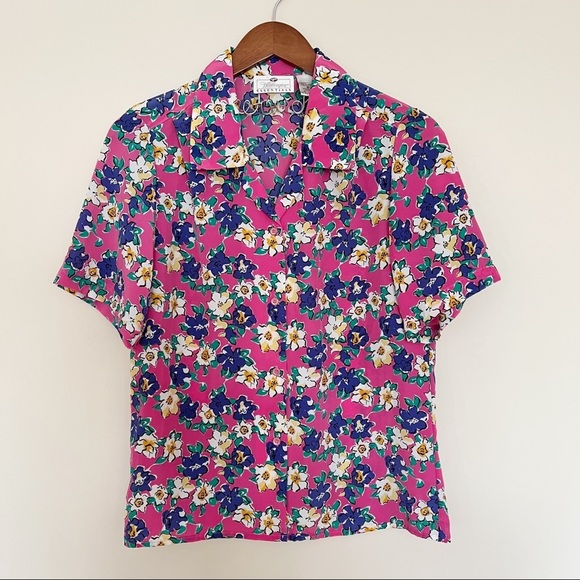 vintage multicolor floral short sleeve button up blouse top [0338] - Picture 2 of 8
